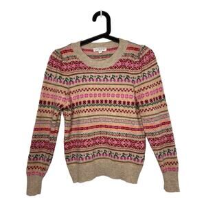 J Crew Womens XXS 2XS Sweater Fair Isle Puff Sleeve Lambs Wool Blend Cherry